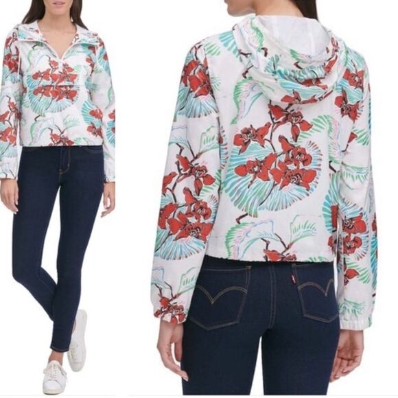 Levi's Jackets & Blazers - Like New Levi's White Tropical Retro Windbreaker Hooded Jacket Size Medium